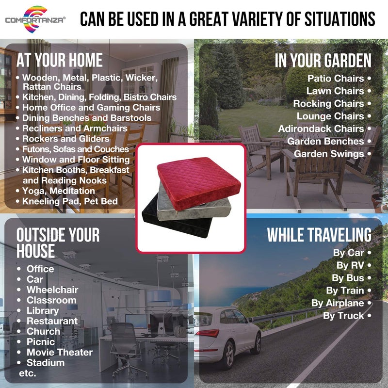 COMFORTANZA Soft 16x16x3 Memory Foam Seat Cushion for Kitchen, Dining, Office Chairs, Car Seats - Washable Velvety Cover with Waterproof Layer & Non-Slip Base - Comfort & Back Pain Relief - Gray - Image 5